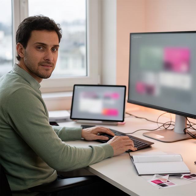 Marc Fischer an einem Arbeitsplatz mit Prototyp einer interaktiven Magazinplattform