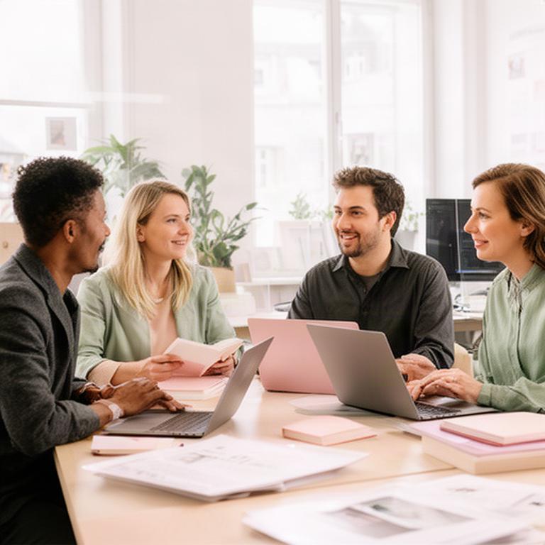 Vier Personen aus Redaktion, Design und Entwicklung bei einer Besprechung in einem hellen Solothurner Studio